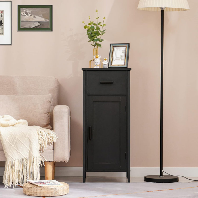 Latitude Run Storage Cabinet Narrow Storage Cabinet With Adjustable Shelf Bathroom Storage Cabinet With 1 Door And 1 Drawer Small Cabinet Nightstand For Living Room Office Black Wayfair